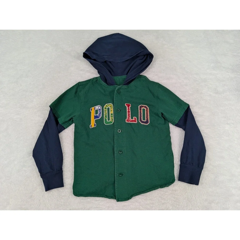 Polo Ralph Lauren Youth S Hoodie Green/Blue Button‎ Front Multicolor SpellOut